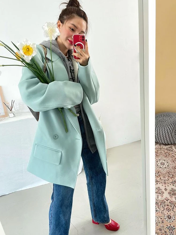 QOERLIN PU Faux Leather Jacket Women Loose Casual Biker Jackets with Pockets Outwear Female Tops BF Style Green Long Jacket Coat