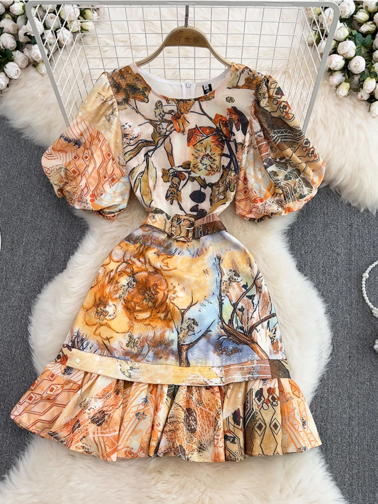 

FMFSSOM Women Casual O-Neck Bubble Sleeve High Waist Slim Dress Fashion Printed A-Line Ruffle Short Sleeve Dress With Belt