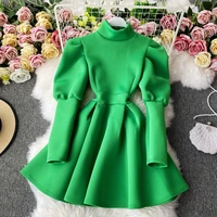 temperament high collar puff sleeves waist was thinner niche a line large skirt dress female spring and autumn clothes