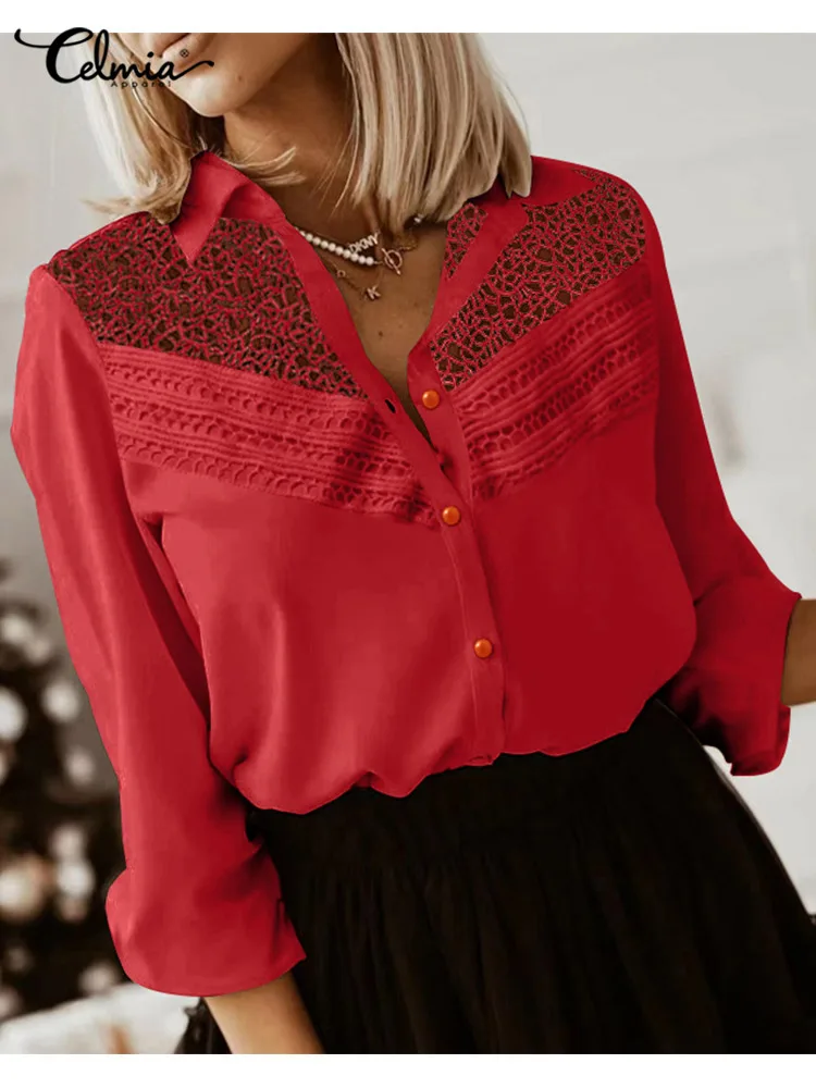 

Пикантные кружевные рубашки Celmia с вырезами, женские модные блузки с лацканами, Осенние блузки на пуговицах с длинным рукавом, Офисная униве...