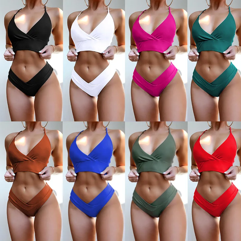 

2023 новый сексуальный Однотонный женский купальник бикини с V-образным вырезом