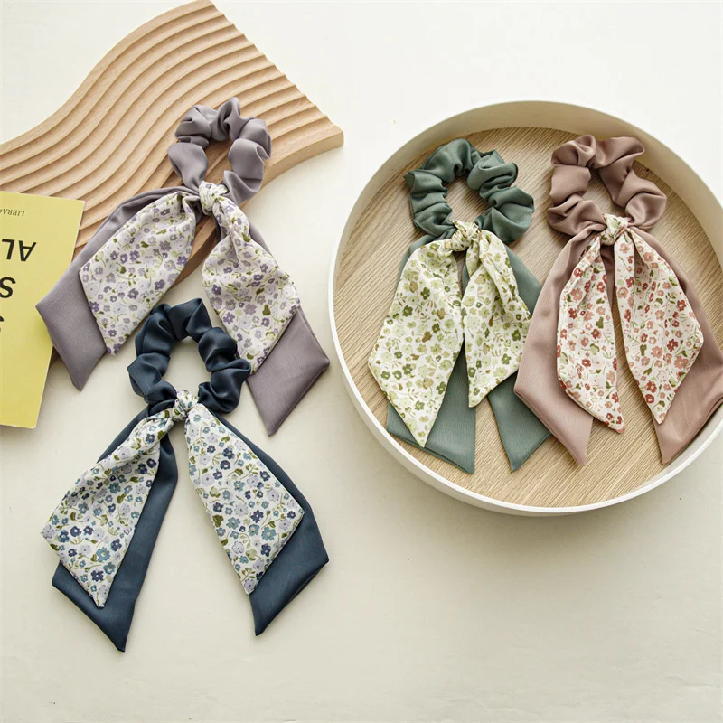 

New Fashion Flower Bow Ribbon Ponytail Scarf Scrunchies Elastic Hair Bands For Women Ponytail Holder Headband Hair Accessories