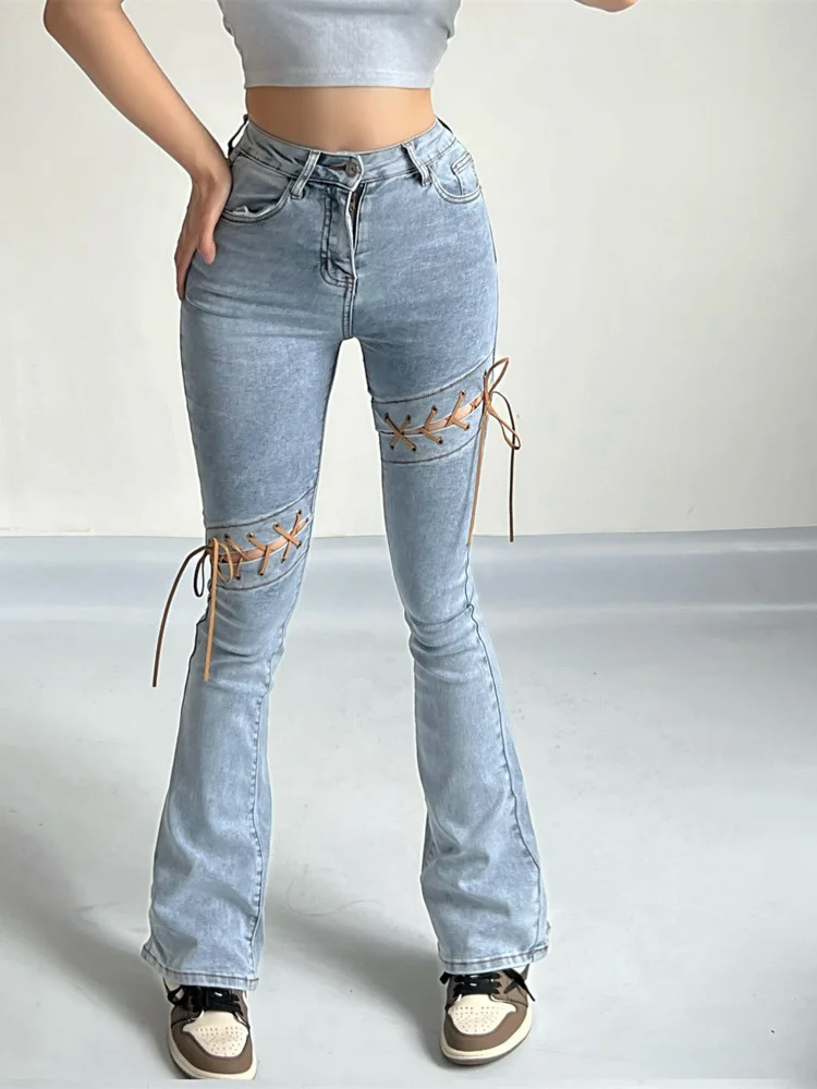 

Retro New Sweet Tight Summer Waist Stretch Denim Flared Pants Solid Color Sexy Stitching Tied Rope Women's Clothing GB6S