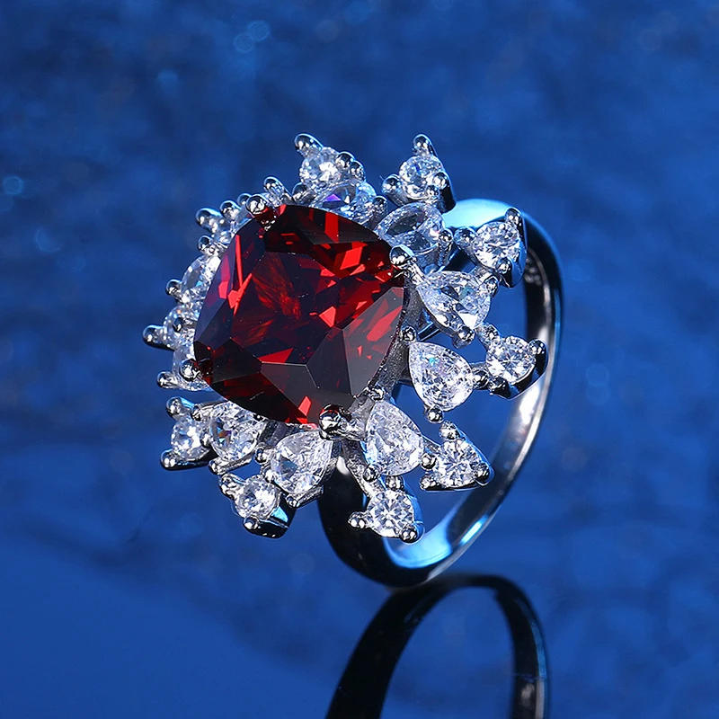 

S925 sterling silver high carbon diamond ice cut sunflower ring inlaid with red gemstones noble jewelry for women's wedding