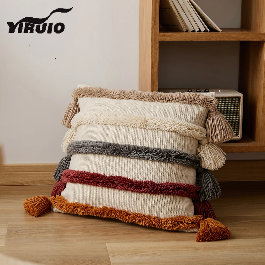 

YIRUIO Kawaii Tufted Tassels Design Pillow Case Luxury Brand Soft Fluffy Acrylic Knitted Cushion Cover 45*45 Decor Pillow Cover