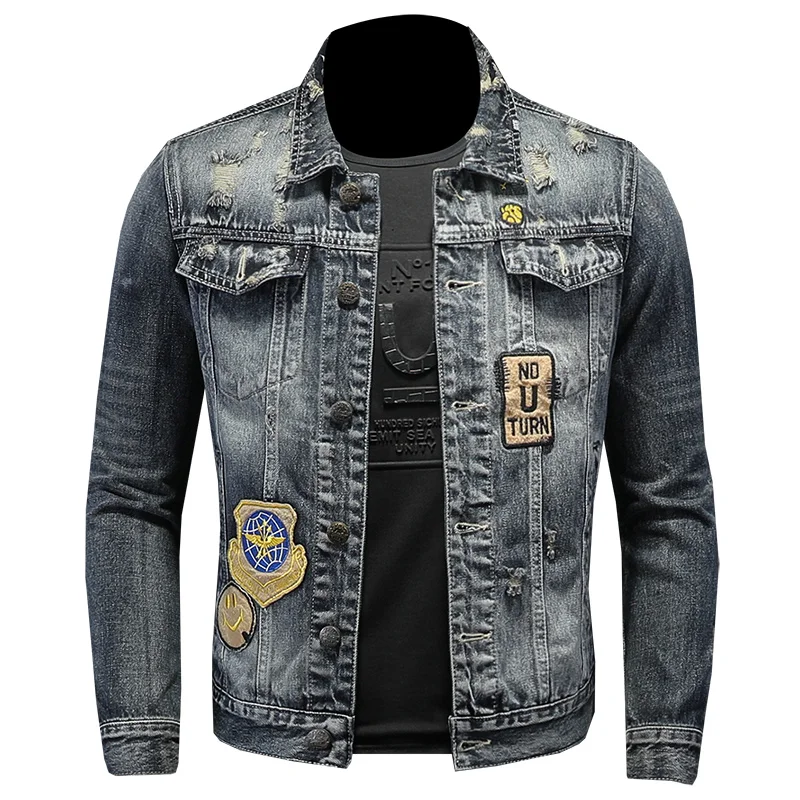 

Куртка мужская джинсовая, классическое однобортное пальто из 100% хлопка, пэчворк, верхняя одежда, весна-осень