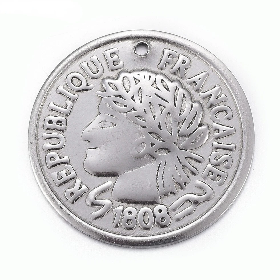 

2PCS 304 Stainless Steel Coin Pendants Flat Round with Marianne & Word Republique Francaise Antique Silver 20x1mm Hole: 1mm