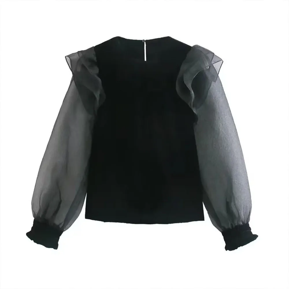 

Женский топ с длинным рукавом BER & OYS & ZA, шикарный бархатный сетчатый топ с круглым вырезом в стиле пэчворк, осень/зима