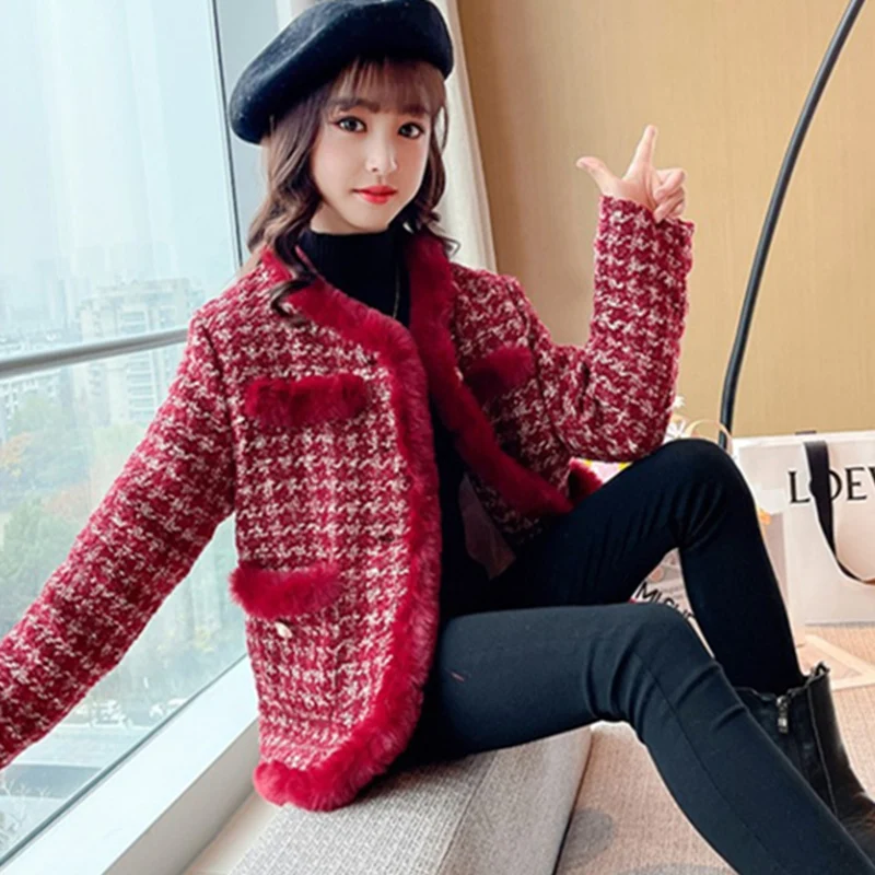 

Girls Woolen Coat Jacket Outwear 2022 Charming Plus Thicken Spring Autumn Cotton Overcoat Comfortable Teenagers Tops Children's