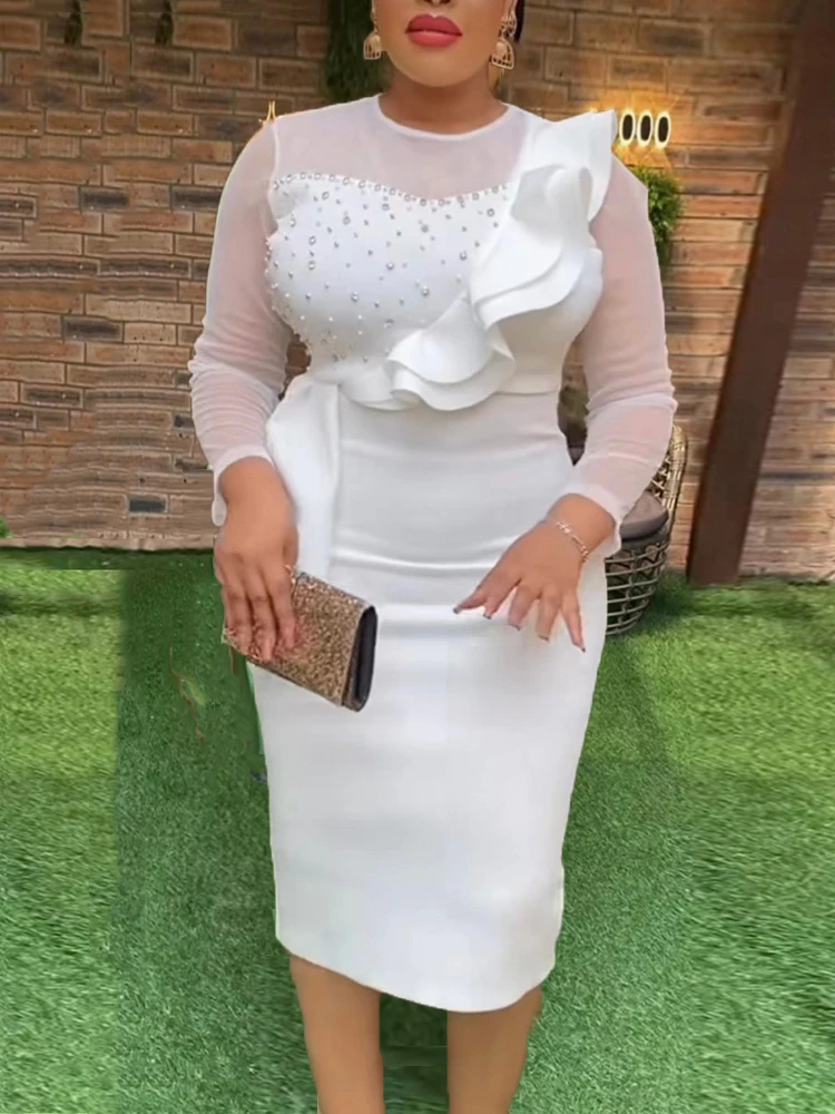 

Classy Women White Midi Bodycon Dress Beads Sheer Long Sleeve Sweetheart Ruffles Peplum Dresses for Wedding Guest Party Birthday