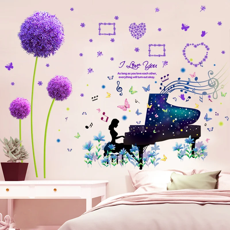 

Piano Girl Wall Sticker DIY Purple Dandelions Flower Plants Mural Decals for Kids Rooms Baby Bedroom Nursery Home Decoration