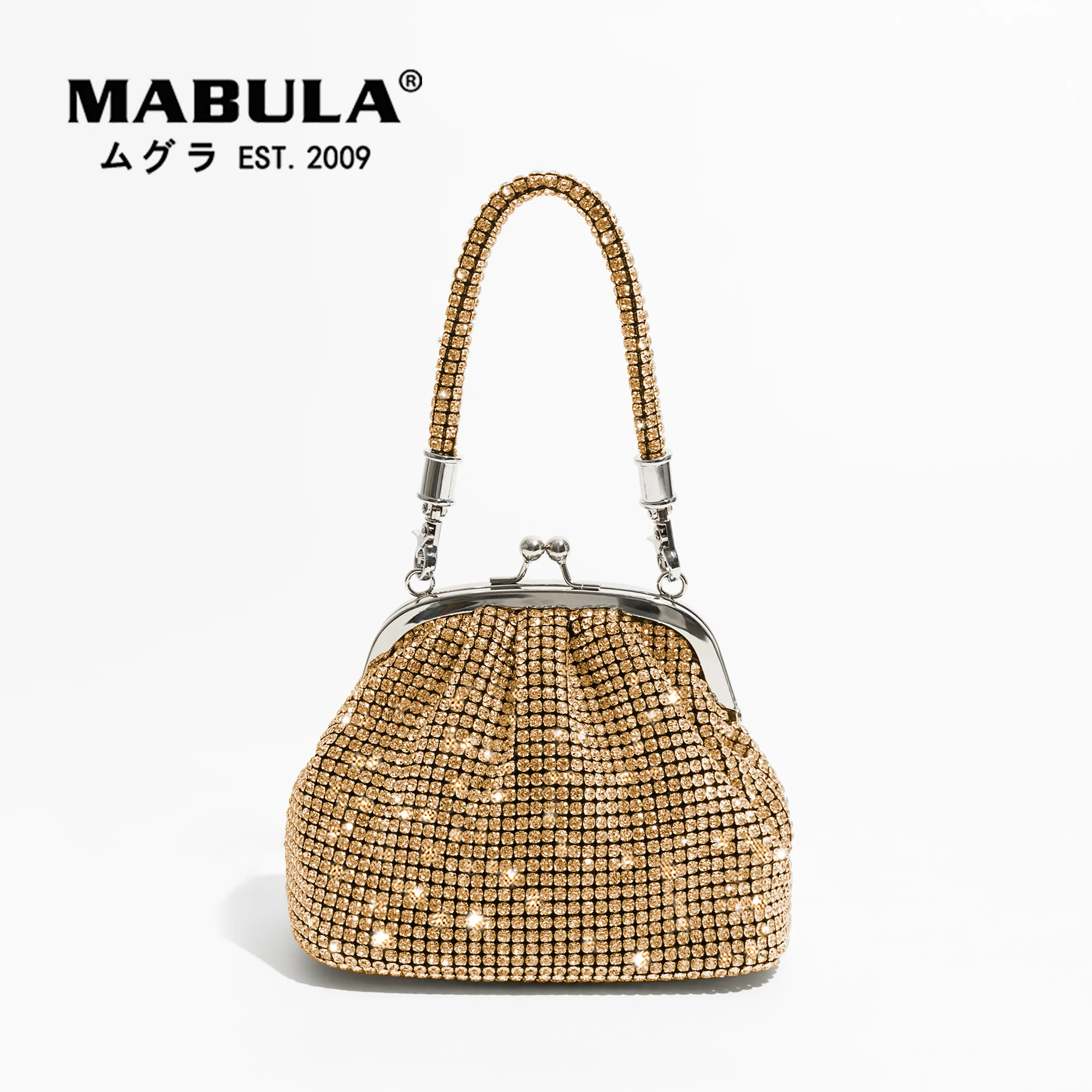 

MABULA Bling Dumpling Rhinestone Women Top Handle Evening Purse Sparkling Crystal Crossbody Party Bag Shell Wedding Handbag