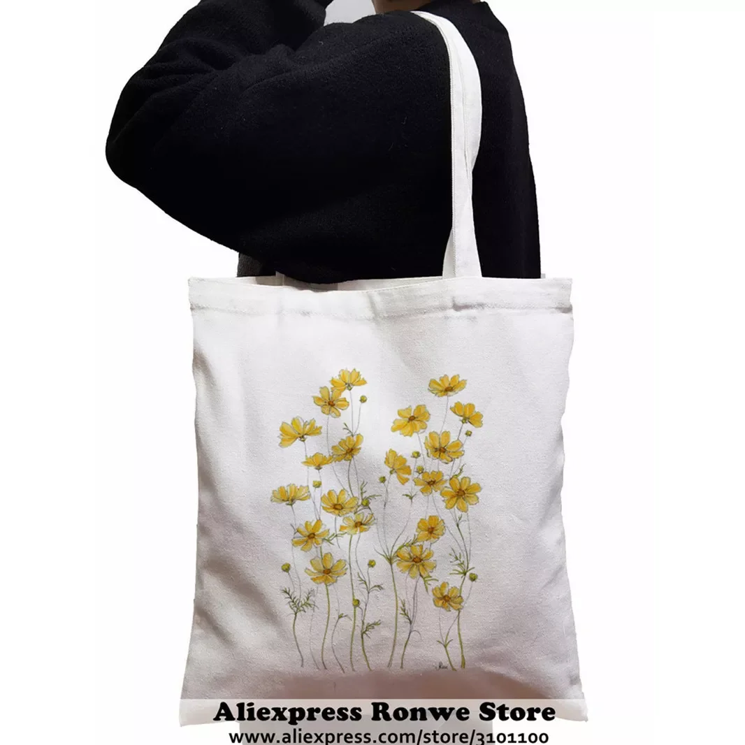 Yellow Flowers Printed Tote Bag women Harajuku shopper handbag girl Shoulder shopping bag Lady Canvas Bag