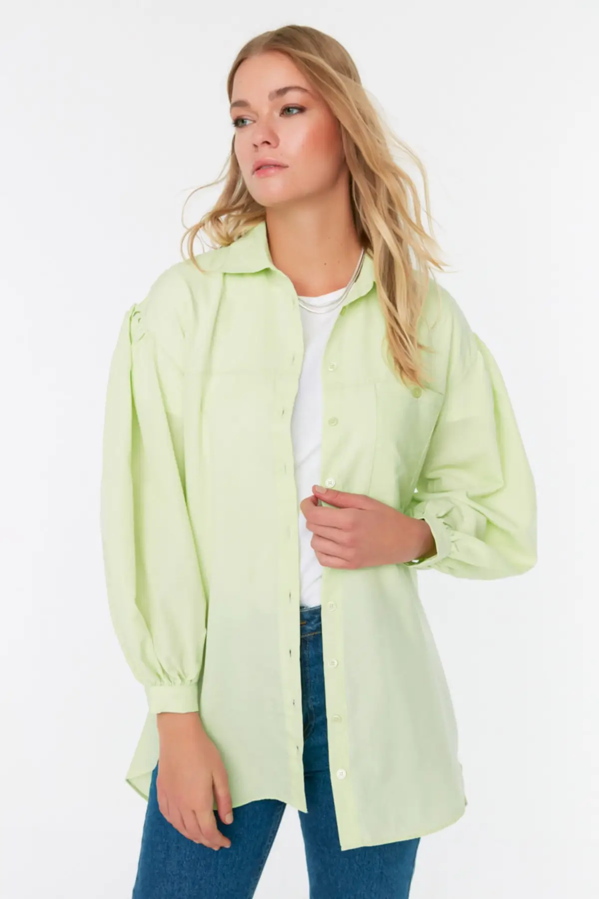 Mint Balloon Sleeve Back Long Pocket Detail Basic Woven Shirt TCTSS21GO0976 Additional Feature Available Don 'T Single Flat Casual Collar