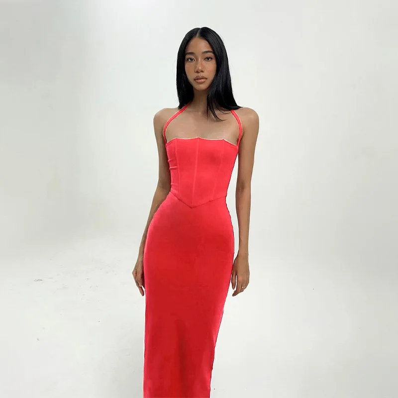 

Cutistation Solid Red Maxi Dress Women Halter Backless Fishbone Bodycon Long Dresses Elegant Luxury Designer Cloth Beach Outfits