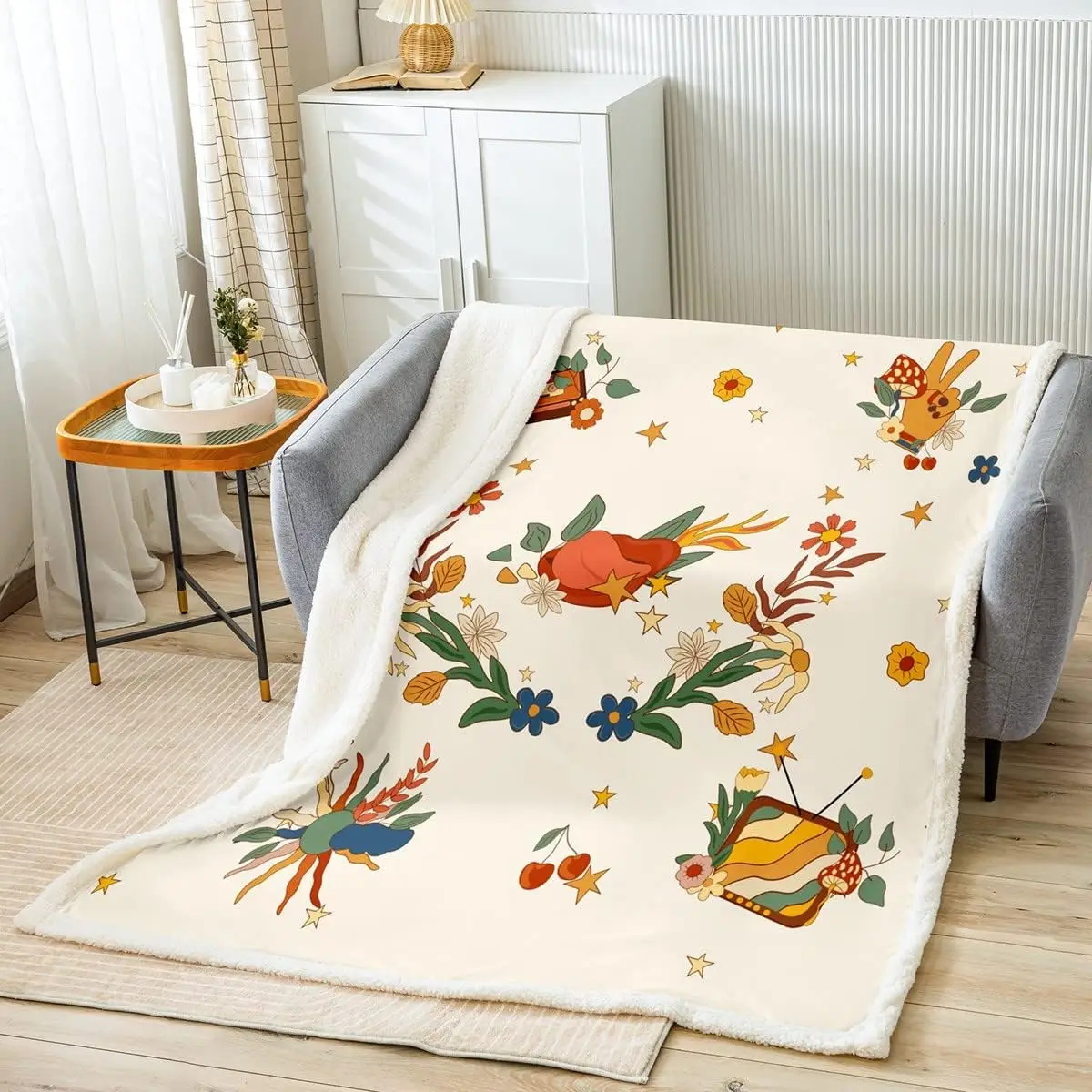 

Hippie Groovy Flannel Blanket,Stars Mushroom Flowers Print Fuzzy Blanket for Children Present,Trippy Polyester Throw