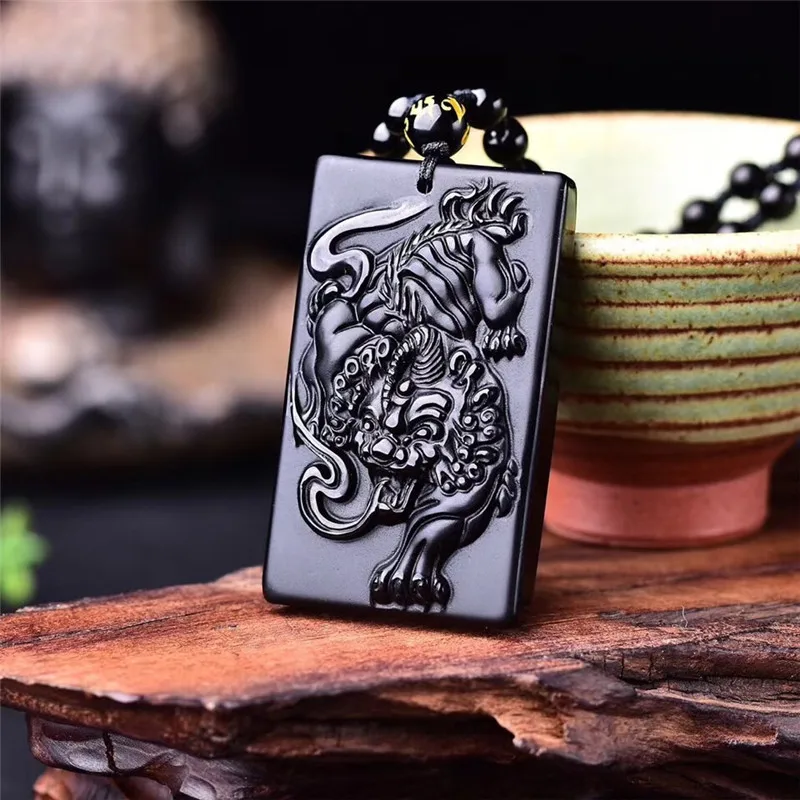 

Natural Black Obsidian Hand Carved Lion Jade Pendant Fashion Boutique Jewelry Men and Women's Pixiu Necklace Gift