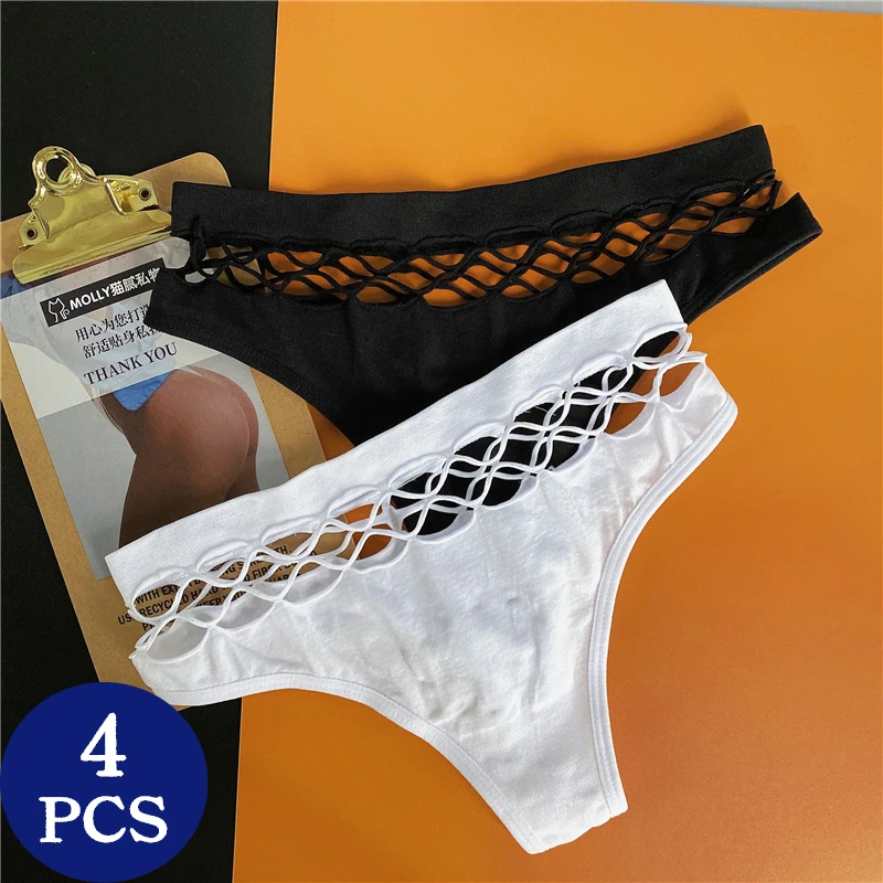 4PCS Women's Panties Sexy Female Underwear Hollow Out Lingerie Cotton G-string Thongs Seamless Thongs Fashion Thong 4 Pack/Set