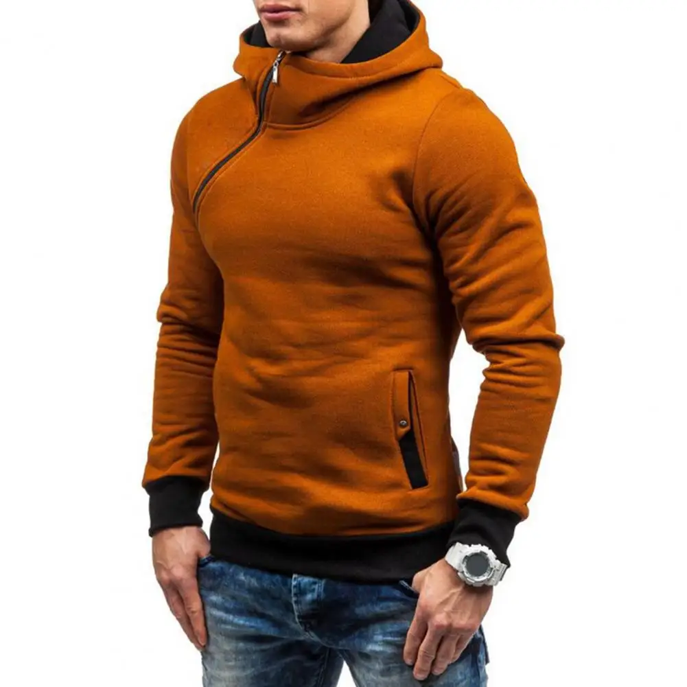 

Autumn Winter Trendy Slim Fit Pockets Hood Sweatshirt Super Soft Men Sweatshirt Slant Zipper for Outdoor