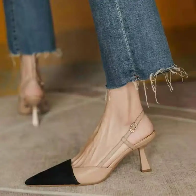 

Туфли женские в стиле ретро, босоножки, Прозрачный каблук, заостренный носок, эластичная резинка, закрытый заостренный носок, бежевые, черные, лето 2023