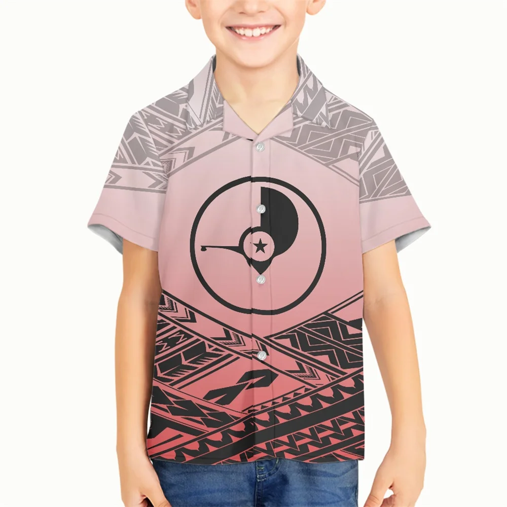 

Printed On Demand Boys V-neck Shirt Polynesian Tribal Samoan Yap Islands Floral Print Shirt Short Sleeve Button Down Kids Shirts