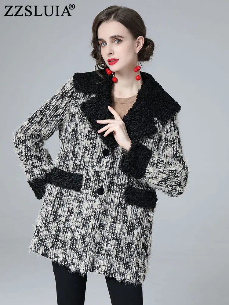 

ZZSLUIA Elegant Coats For Women Patchwork Designer Long Sleeve Tweed Jackets Fashion Long Sleeve Loose Overcoat Female Clothing
