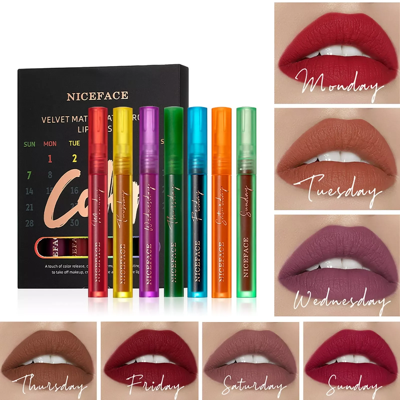 

NEW Set Lip Velvet Week With Foggy Lip Gloss Lip Glaze Gloss Nicefaces 7-pack Lipstick