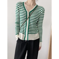 casual striped cardigan women v neck full sleeve zipper sweater women spring korean fashion elegant slim knitwear female 2938