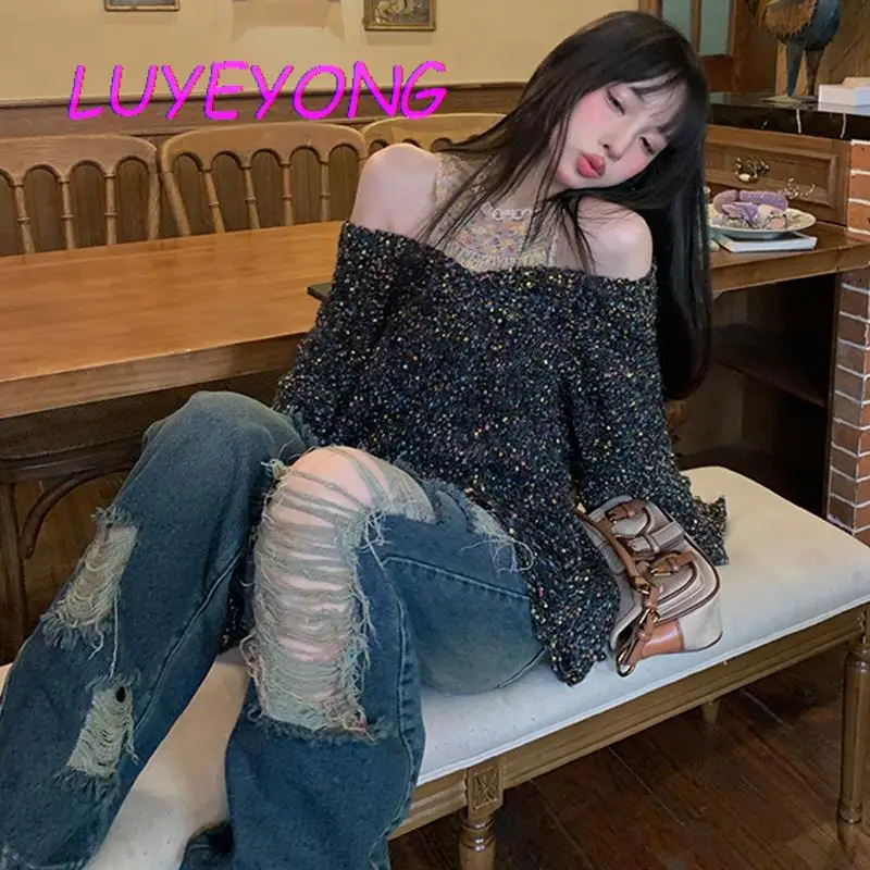 

Женский трикотажный свитер с вырезами, винтажный пуловер из двух предметов с разноцветными кисточками и открытыми плечами, Y2k, осень 2023