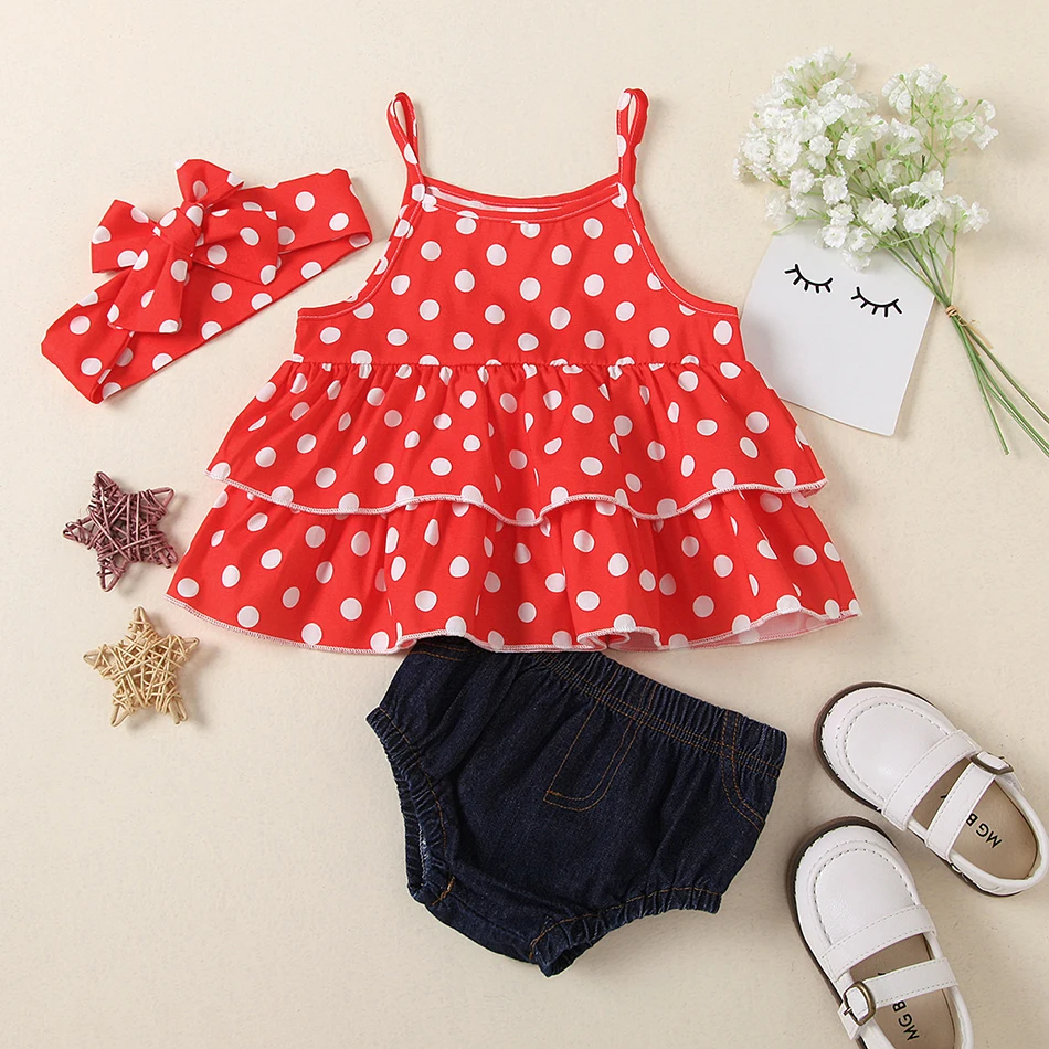 Summer Baby Girl Casual Clothes Toddler Polka Dot Cake Sling Top Denim Shorts Bow Headwear Kids Sleeveless Cosumes Sets 0-24m