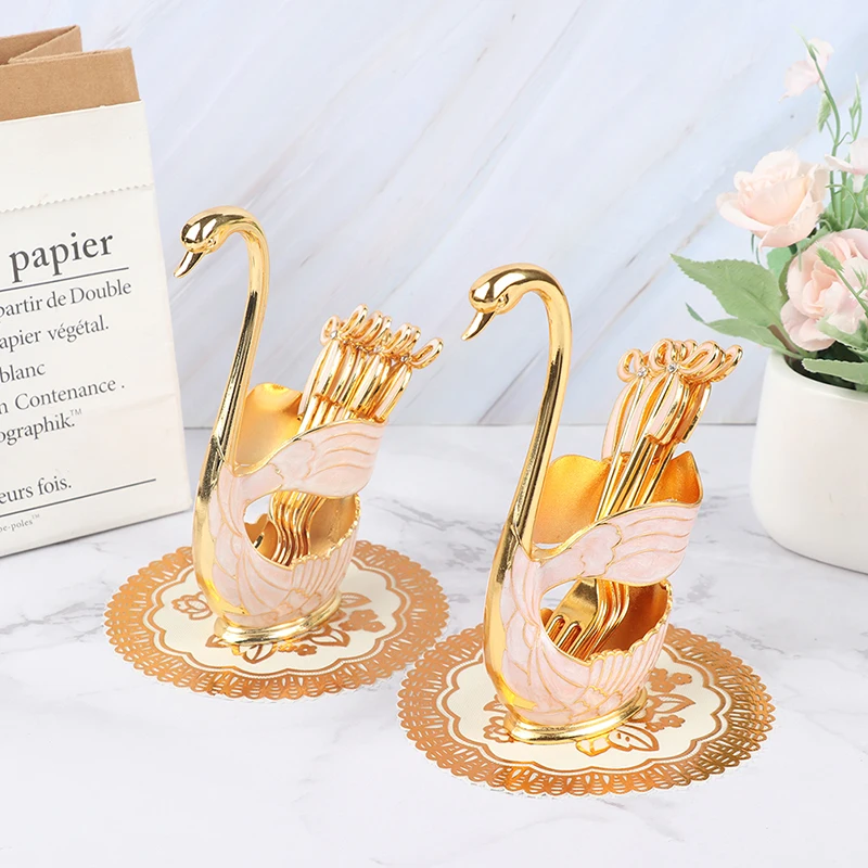 Набор золотых кофейных десертных ложек подставка под лебедь 6 для мороженого