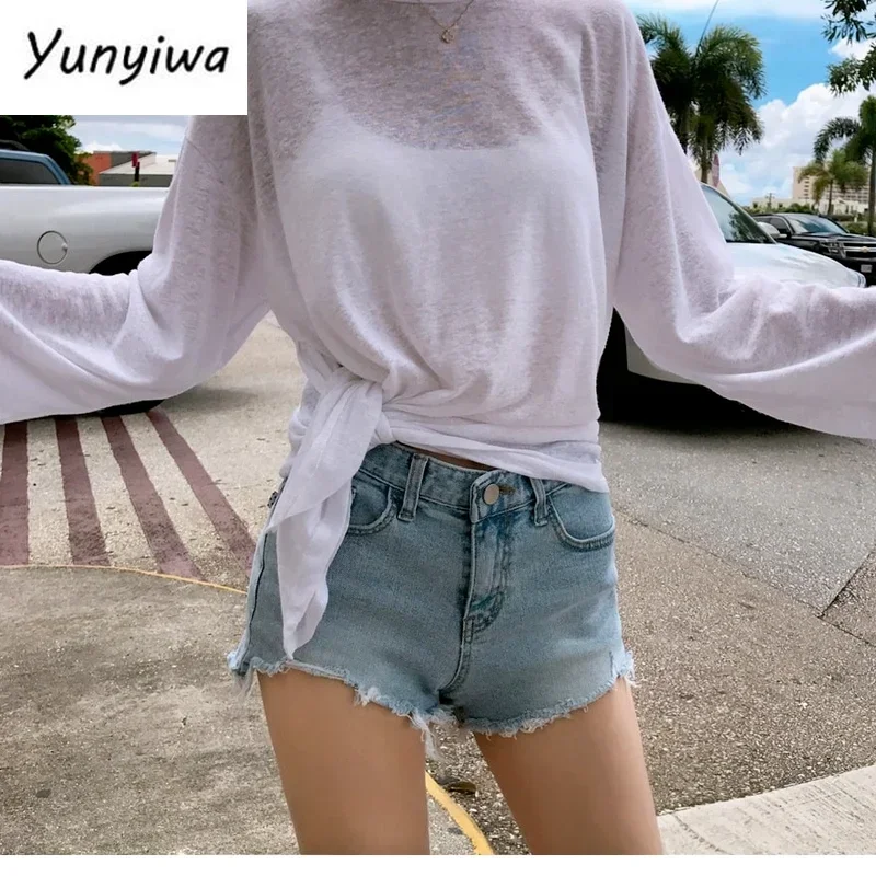 Футболка женская тонкая прозрачная в Корейском стиле пляжная шикарная рубашка