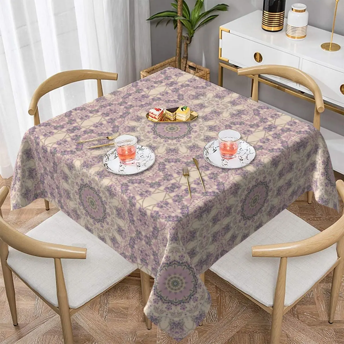 

Cream And Lavender Purple Mandala Table Cover Universal Rectangular Fitted Tablecloth Protector for Wedding Banquet Party