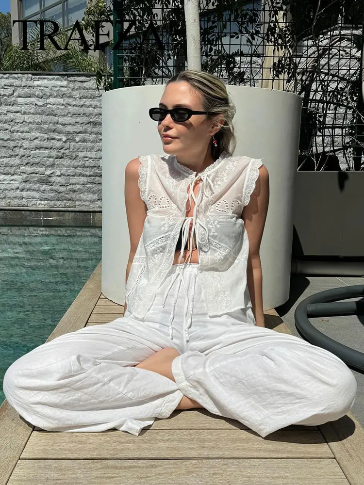 Женская рубашка с бантом и круглым вырезом без рукавов