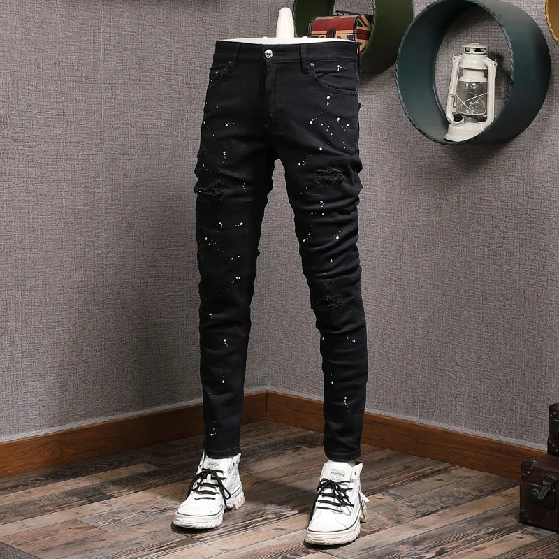 High Street Trendy Tide Brand Black Stretch Jeans Splashed Ink Slim Fit Trousers Fashion Men's Pencil Jeans For Men