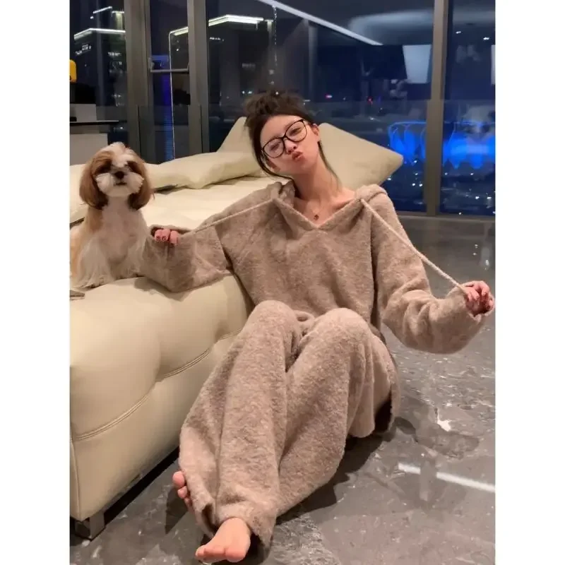 Ленивый стиль плюшевая свободная вязаная толстовка с капюшоном женские