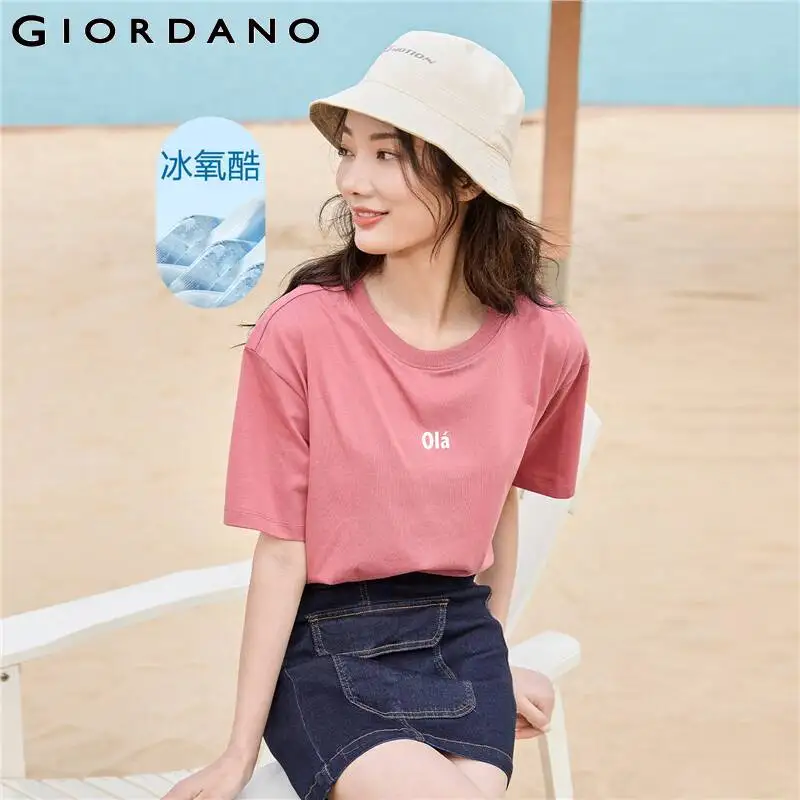 

GIORDANO Women T-Shirts High-Tech Ice Oxygen Bar Cooling Tee Crewneck Short Sleeve Print Letter Casual Summer T-Shirts 05322401