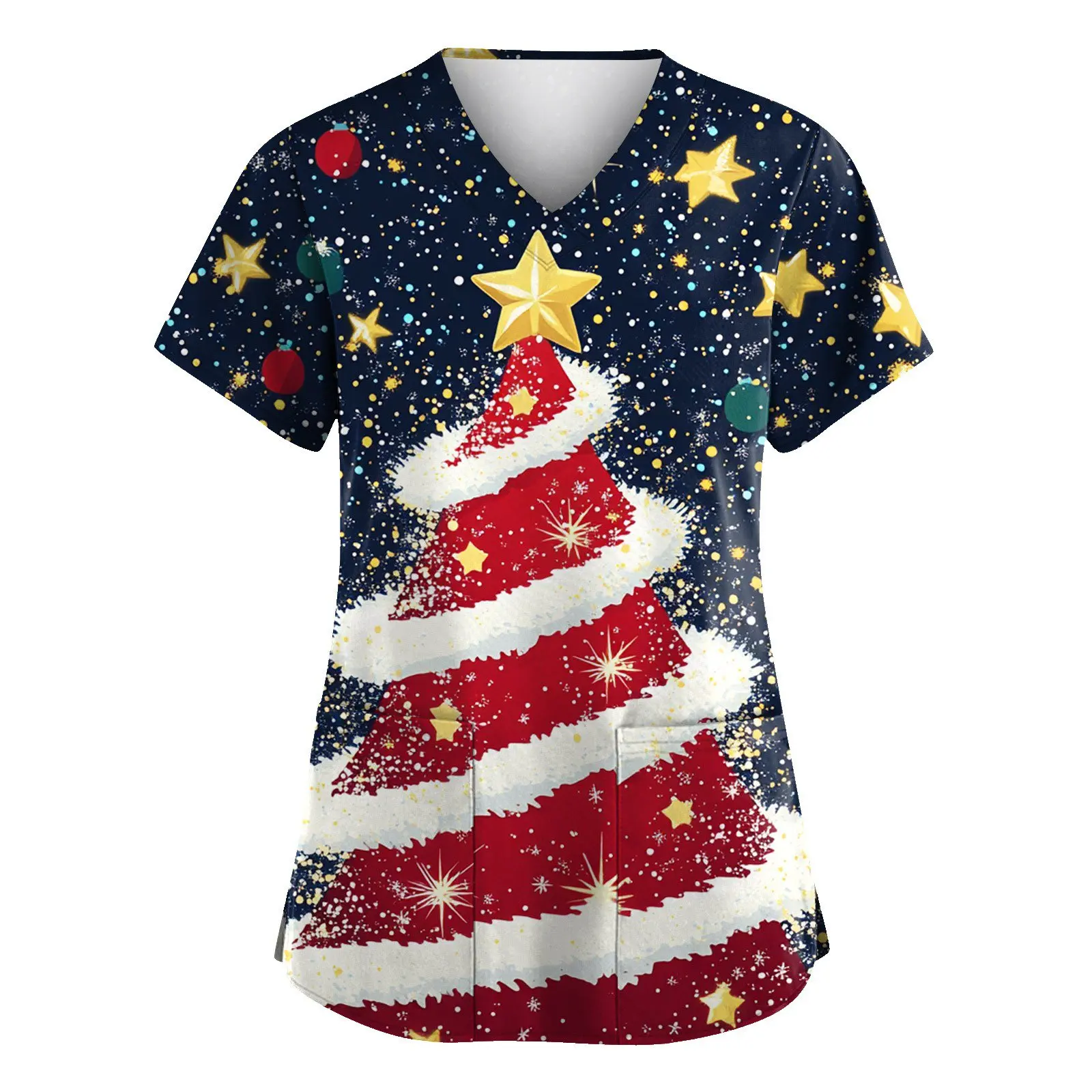 Женский рождественский костюм скраб-топ с рождественским принтом эластичный