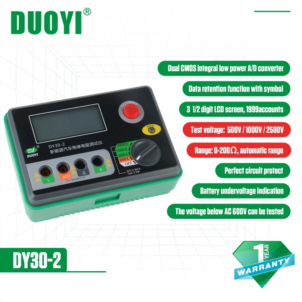 

Цифровой тестер изоляции DUOYI DY30-2, 20 г Ом, ЖК-дисплей, 500 В/1000 В/2500 В, измеритель сопротивления заземления, мегомметр