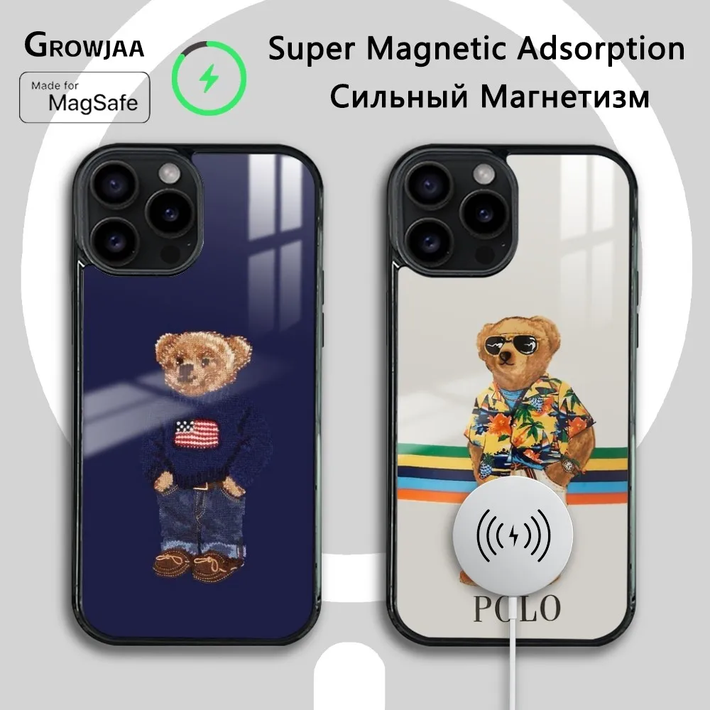 P-PoloES Bear Fashion Luxury Phone Case For IPhone 16 15 14 13 12 11 Pro Max Plus Mini Magsafe Mirror Wireless Magnetic Cover