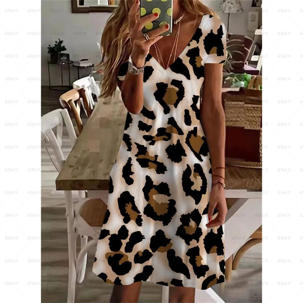 

New Summer Fashion Women Loose Boho Elegant Dress Beach Party Women V-neck short sleeve Sexy Leopard Print Loose Dresses XS-8XL