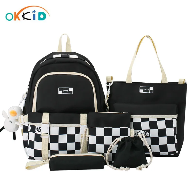 

OKKID 6pcs set School bags For Teenage Girls Canvas bookbag Women Backpack Kids School Backpack College Student Laptop Backpack