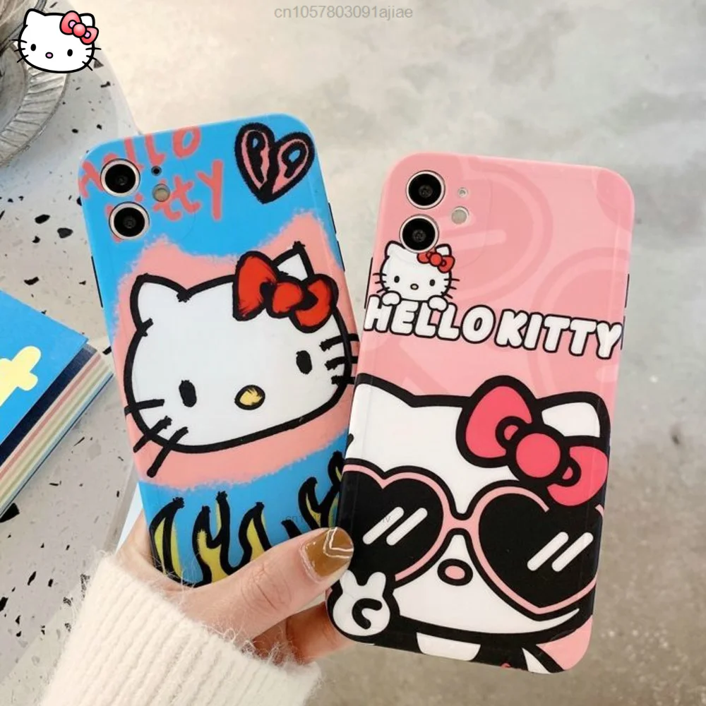 

Sanrio Girly Hello Kitty Blue And Pink Iphone Case For 13 12 11 Pro Max X Xs Xr Silicone 7 8 Plus Shockproof Y2k Girl Square 90s