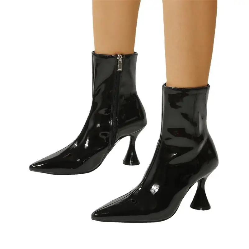 

Women Short Boots Patent Leather Solid Color Pointed Toe Stiletto Simple Side Zipper Fashion Party Elegant Women Shoes KC100