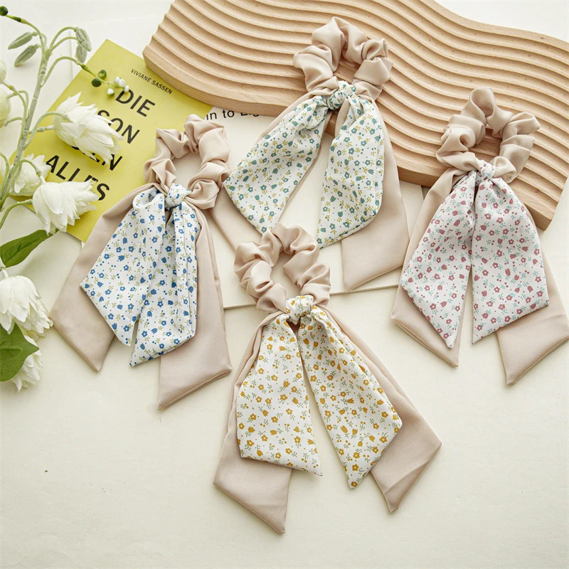

Sweet Floral Streamer Scrunchie For Women Elastic Hair Band Ponytail Holder Hair Ring Rope Vintage Hair Accessories Headwear