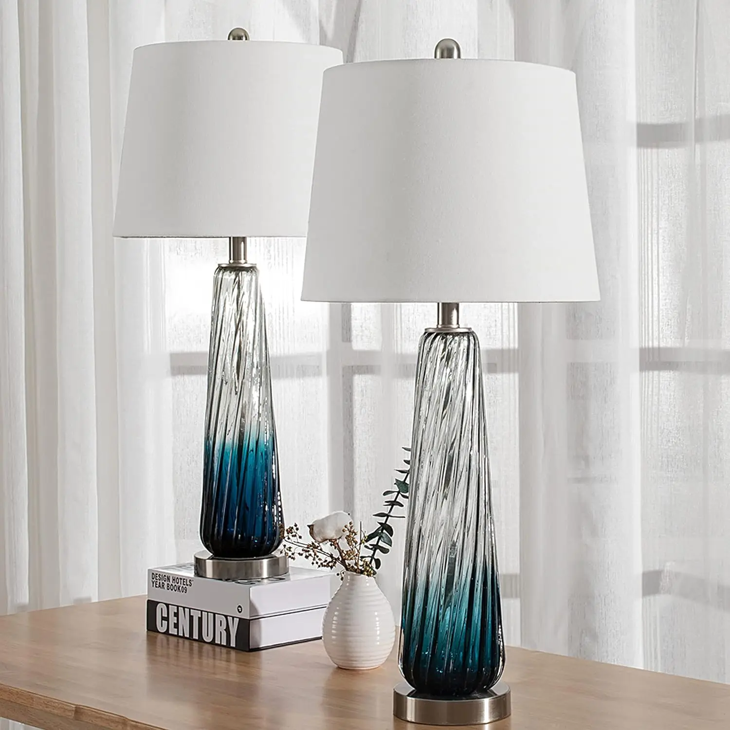 

Table Lamps Set of 2, 3-Way Dimmable Blue Glass Bedside Lamps 28.75" Large Nightstand Lamp with White Fabric Shade, for Livi