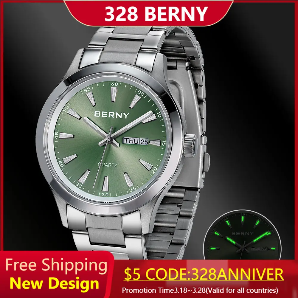 

Berny Men's Watch Japen Quartz Male Day Date Calendar Wristwatch Clean Dial Green Luminous Clock Waterproof Miyota 2105 Movement