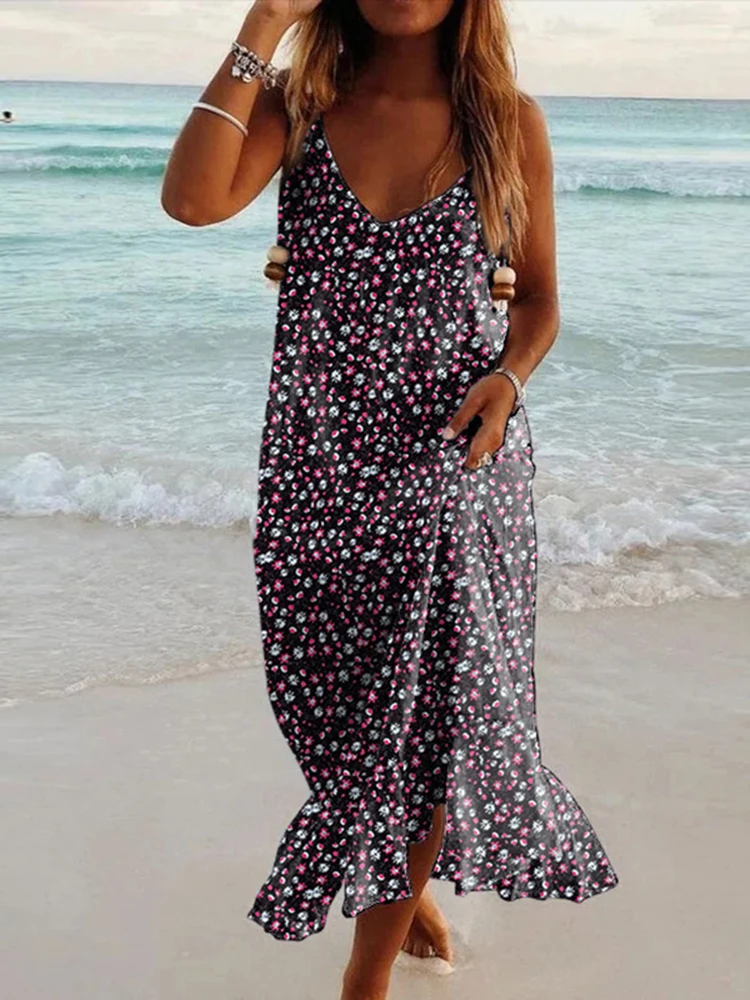 

Floral Print Beach Dress 2022 Summer Holiday Loose Waist Fit Sleeveless Beading Sexy V-neck Medium Length Dresses for Women