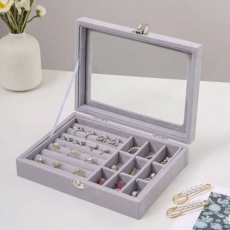 

2022 Velvet Glass Jewelry Box Organizer Rings Earrings Necklace Tray Display Storage Case Grey Showcase Clear Lid Wholesale