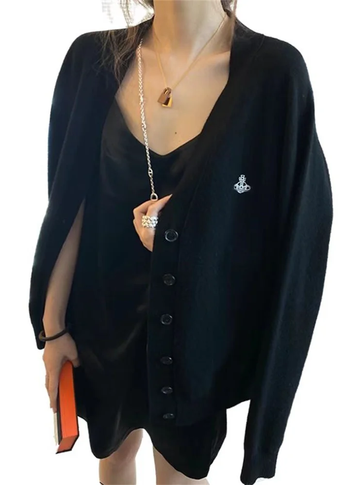 

2022 New Vintage Embroidery Thin Cashmere Knit Cardigan Women Fall Loose Lazy V-neck Sweater Coat Black Cardigan Pullover Blouse